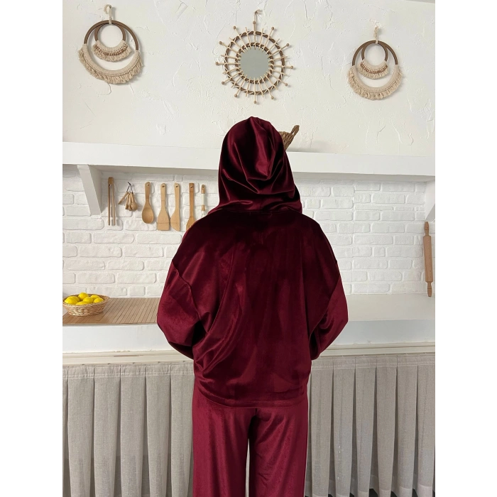 Kapüşonlu Kadife Takım Bordo