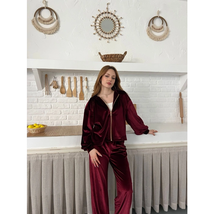 Kapüşonlu Kadife Takım Bordo