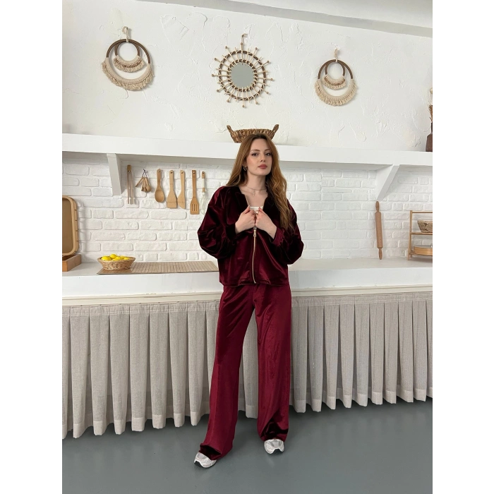 Kapüşonlu Kadife Takım Bordo