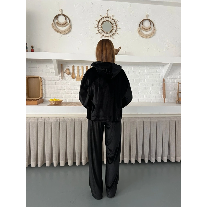 Kapüşonlu Kadife Takım Siyah