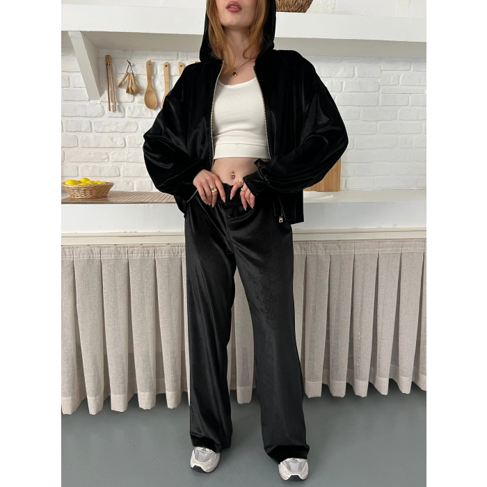 Kapüşonlu Kadife Takım Siyah