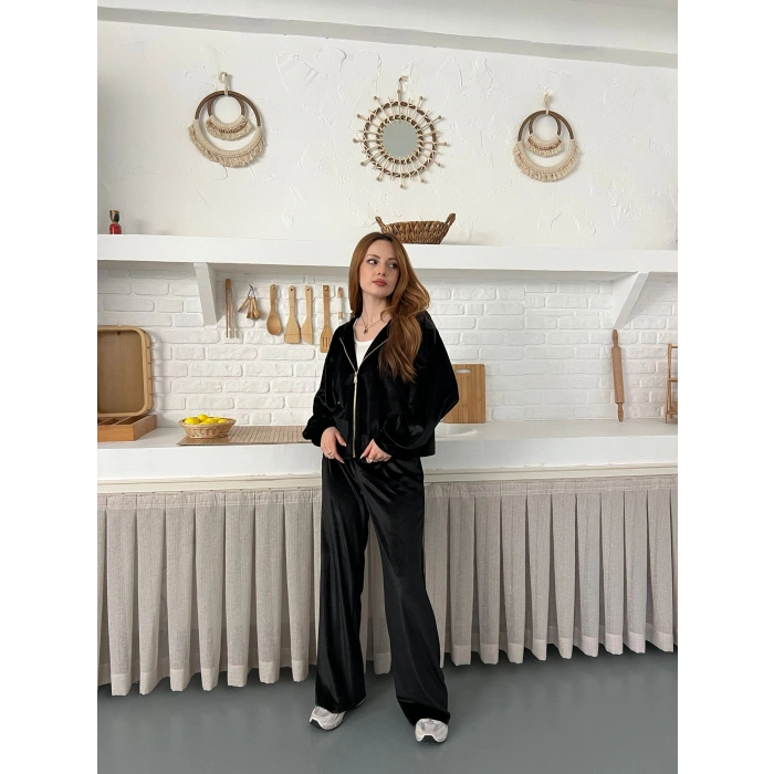 Kapüşonlu Kadife Takım Siyah