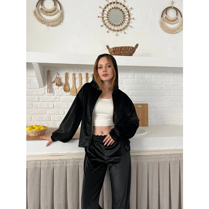 Kapüşonlu Kadife Takım Siyah