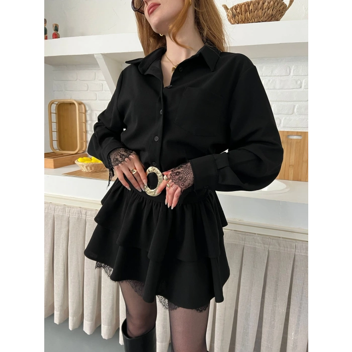 Dantel Detaylı Kemerli Mini Elbise Siyah