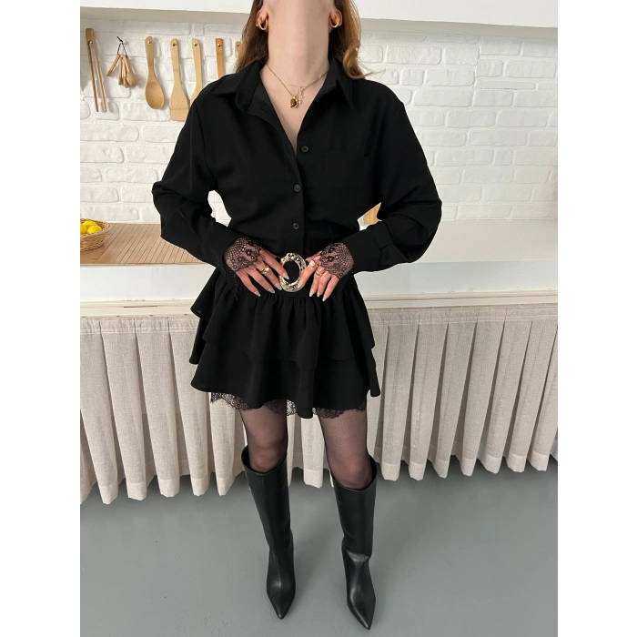 Dantel Detaylı Kemerli Mini Elbise Siyah