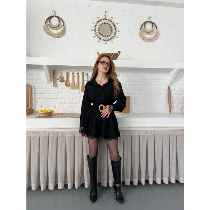 Dantel Detaylı Kemerli Mini Elbise Siyah