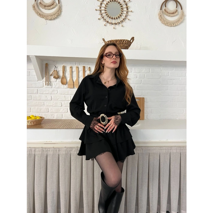 Dantel Detaylı Kemerli Mini Elbise Siyah