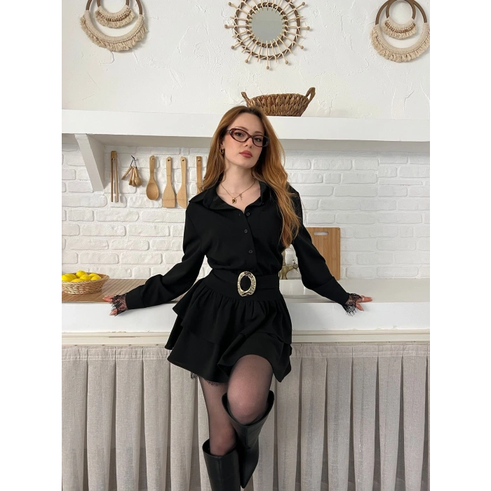 Dantel Detaylı Kemerli Mini Elbise Siyah