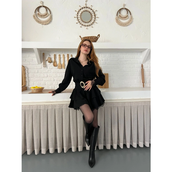 Dantel Detaylı Kemerli Mini Elbise Siyah