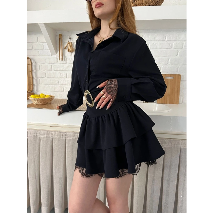 Dantel Detaylı Kemerli Mini Elbise Lacivert