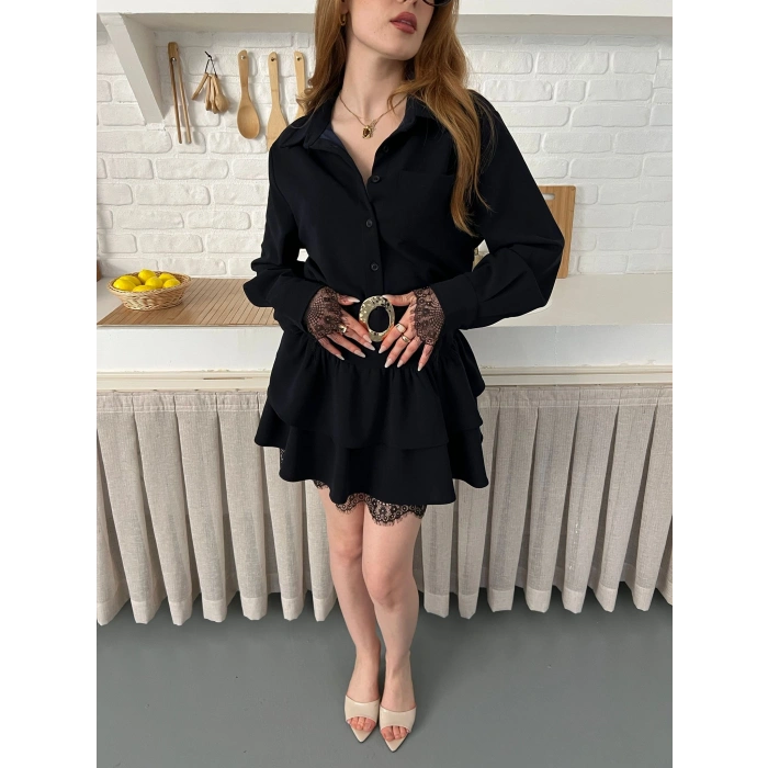 Dantel Detaylı Kemerli Mini Elbise Lacivert