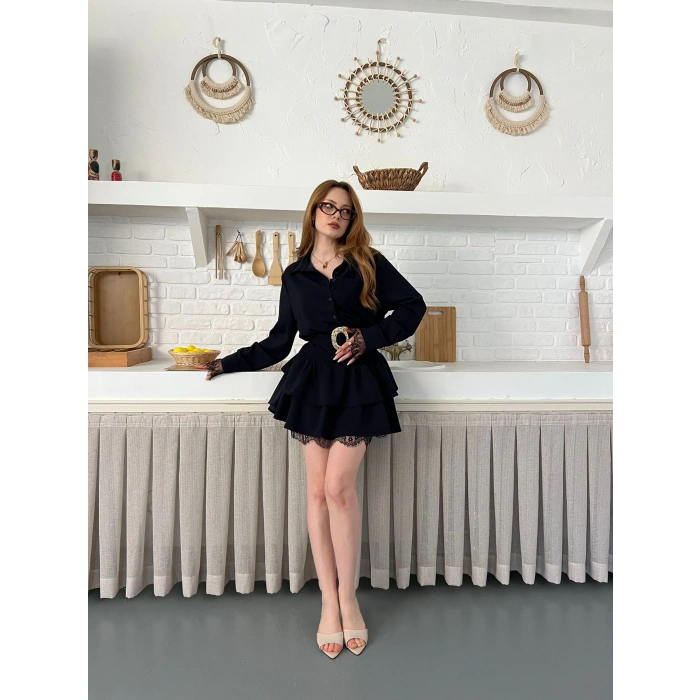 Dantel Detaylı Kemerli Mini Elbise Lacivert