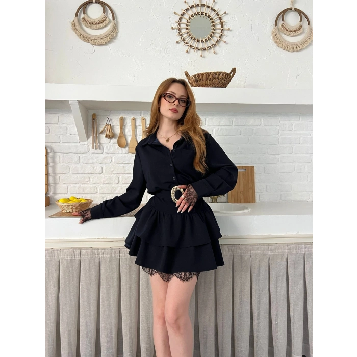 Dantel Detaylı Kemerli Mini Elbise Lacivert