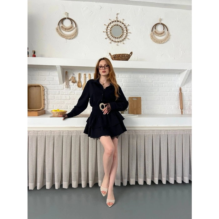 Dantel Detaylı Kemerli Mini Elbise Lacivert