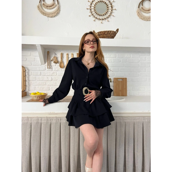 Dantel Detaylı Kemerli Mini Elbise Lacivert