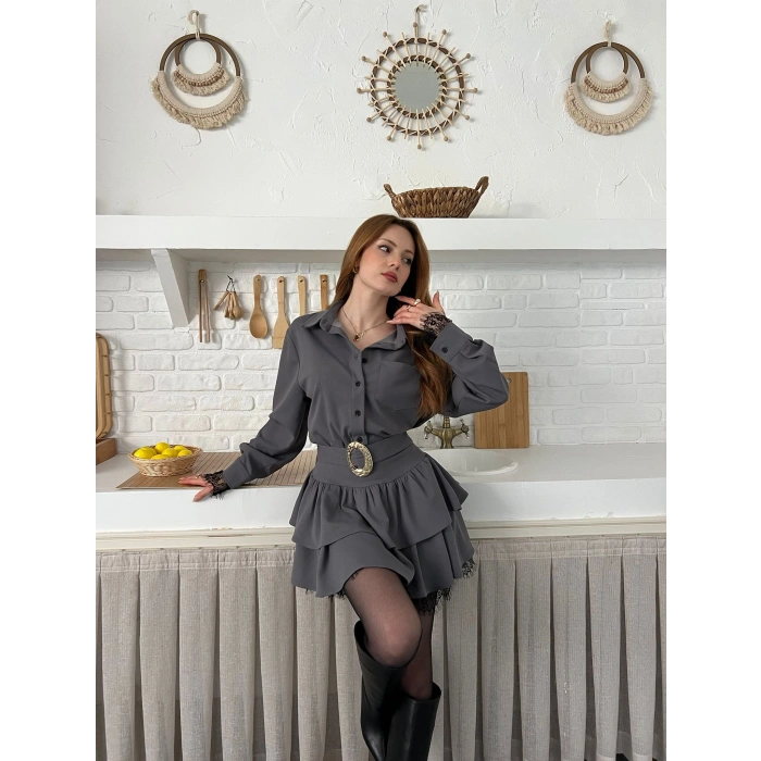 Dantel Detaylı Kemerli Mini Elbise Gri