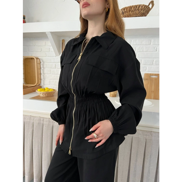 Çift Fermuar Detaylı Bel Büzgülü Modal Takım Siyah