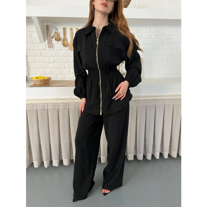 Çift Fermuar Detaylı Bel Büzgülü Modal Takım Siyah