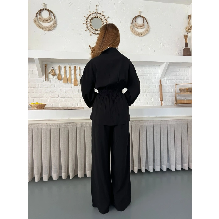 Çift Fermuar Detaylı Bel Büzgülü Modal Takım Siyah