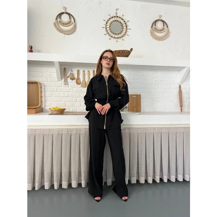 Çift Fermuar Detaylı Bel Büzgülü Modal Takım Siyah