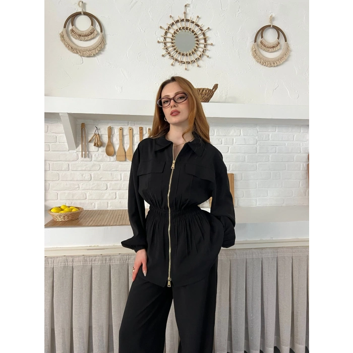 Çift Fermuar Detaylı Bel Büzgülü Modal Takım Siyah