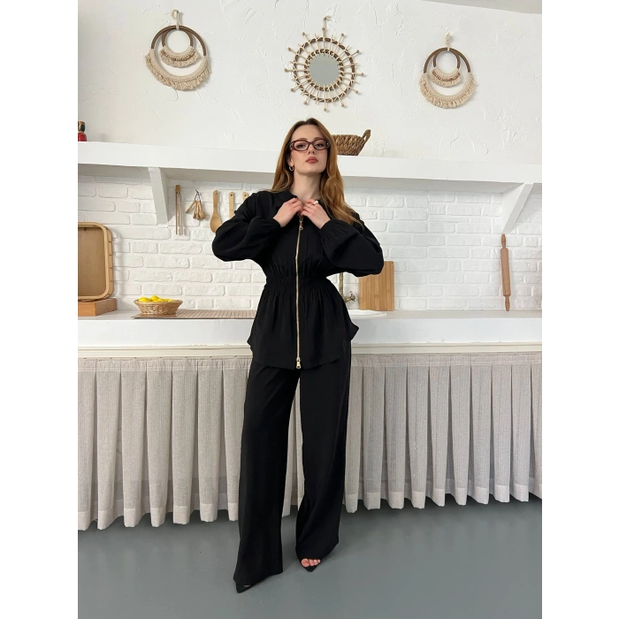 Çift Fermuar Detaylı Bel Büzgülü Modal Takım Siyah