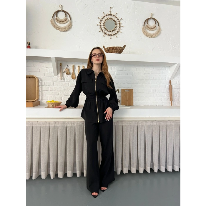 Çift Fermuar Detaylı Bel Büzgülü Modal Takım Siyah