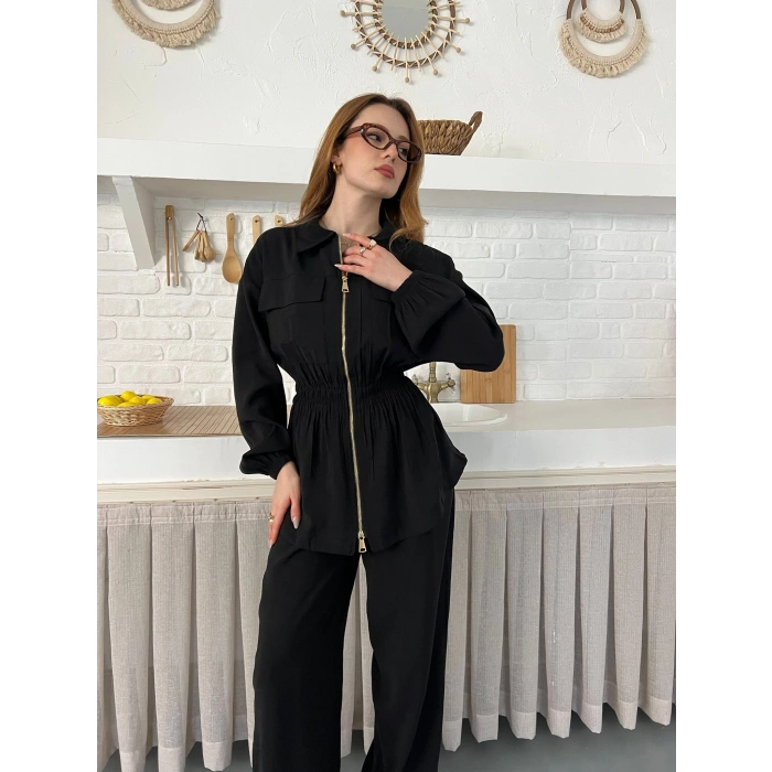 Çift Fermuar Detaylı Bel Büzgülü Modal Takım Siyah