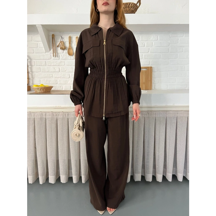 Çift Fermuar Detaylı Bel Büzgülü Modal Takım Kahve