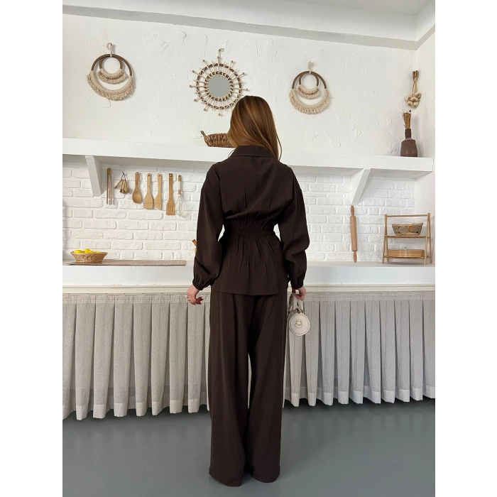 Çift Fermuar Detaylı Bel Büzgülü Modal Takım Kahve