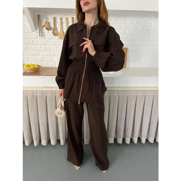 Çift Fermuar Detaylı Bel Büzgülü Modal Takım Kahve