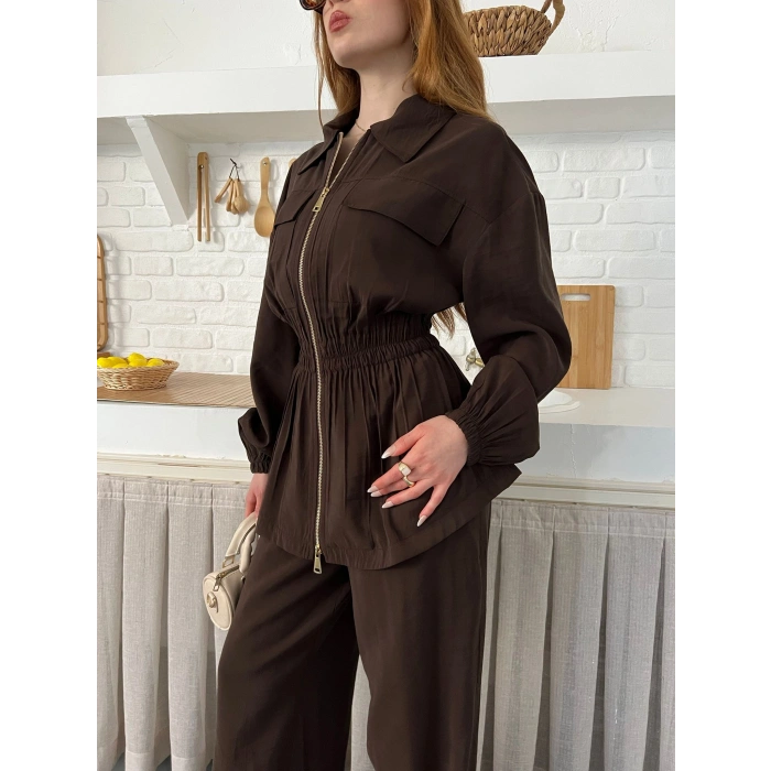 Çift Fermuar Detaylı Bel Büzgülü Modal Takım Kahve