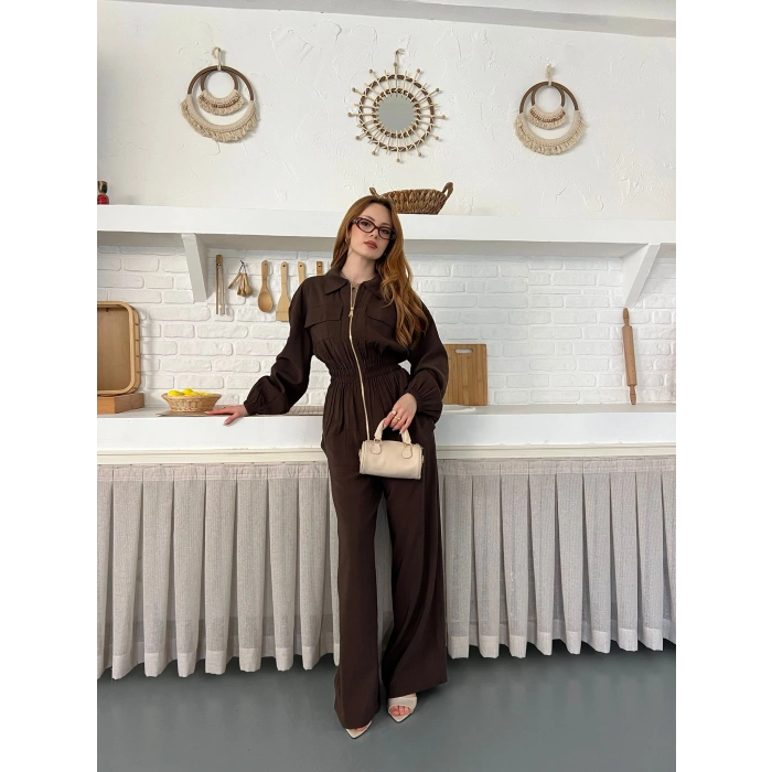 Çift Fermuar Detaylı Bel Büzgülü Modal Takım Kahve