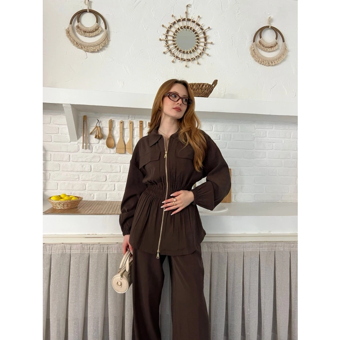 Çift Fermuar Detaylı Bel Büzgülü Modal Takım Kahve