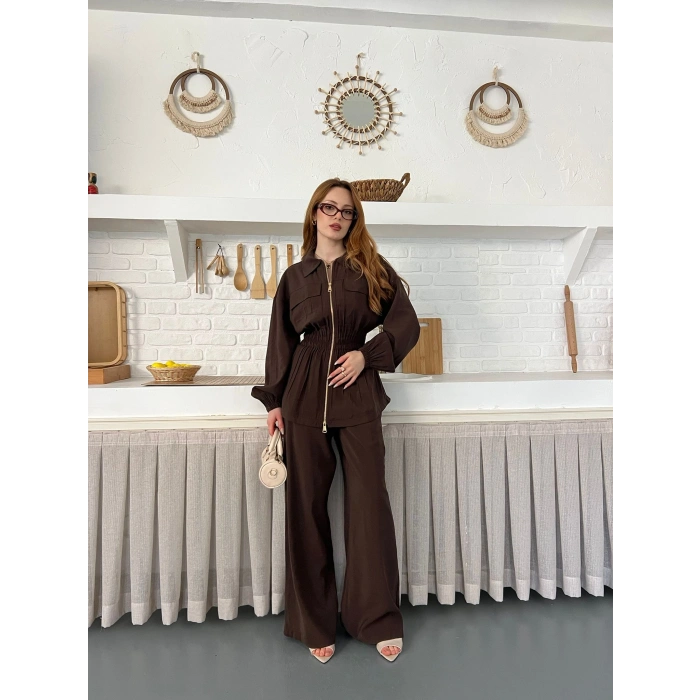 Çift Fermuar Detaylı Bel Büzgülü Modal Takım Kahve