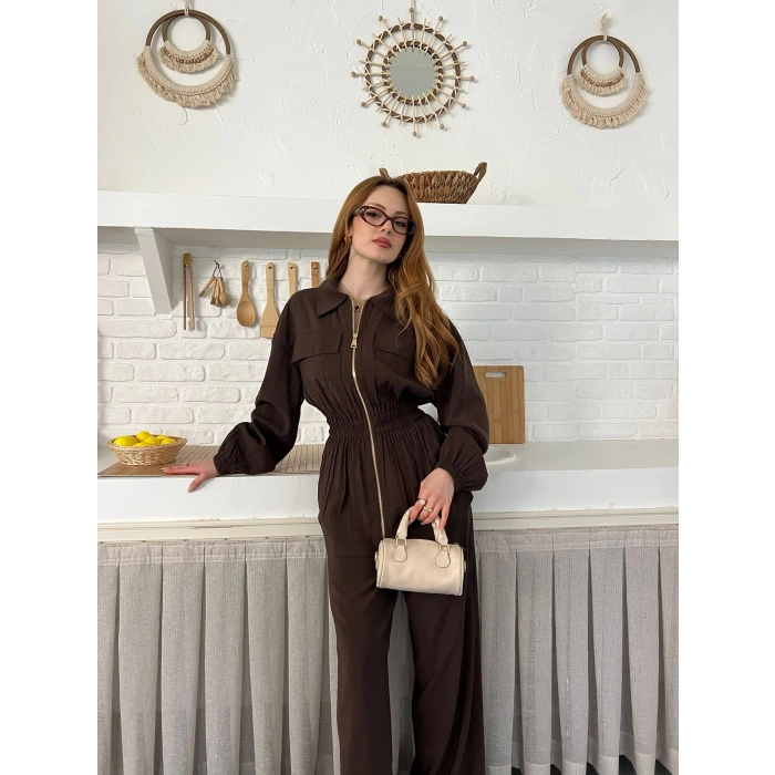 Çift Fermuar Detaylı Bel Büzgülü Modal Takım Kahve