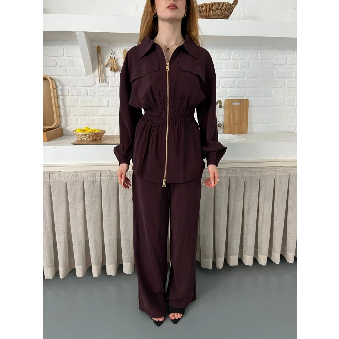 Çift Fermuar Detaylı Bel Büzgülü Modal Takım Mürdüm