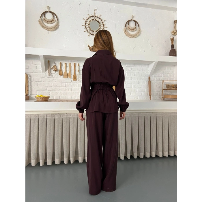 Çift Fermuar Detaylı Bel Büzgülü Modal Takım Mürdüm