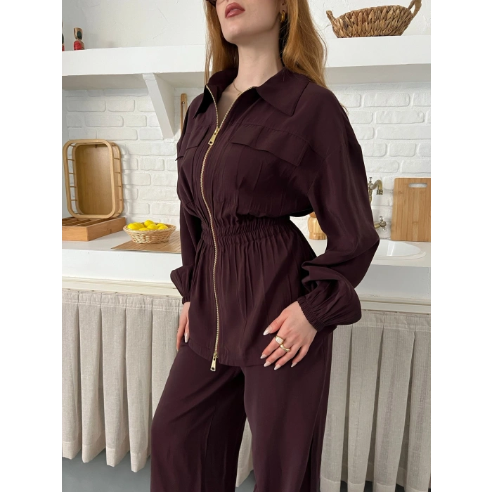 Çift Fermuar Detaylı Bel Büzgülü Modal Takım Mürdüm