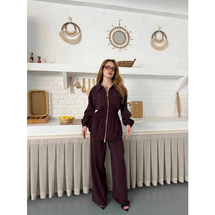 Çift Fermuar Detaylı Bel Büzgülü Modal Takım Mürdüm