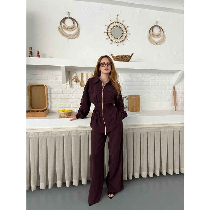 Çift Fermuar Detaylı Bel Büzgülü Modal Takım Mürdüm