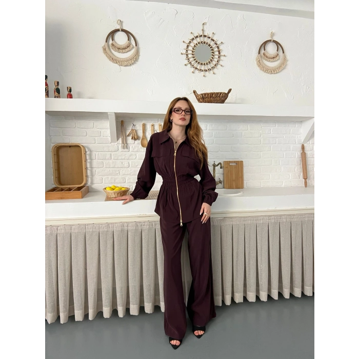 Çift Fermuar Detaylı Bel Büzgülü Modal Takım Mürdüm