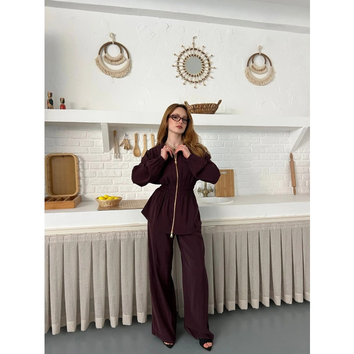 Çift Fermuar Detaylı Bel Büzgülü Modal Takım Mürdüm