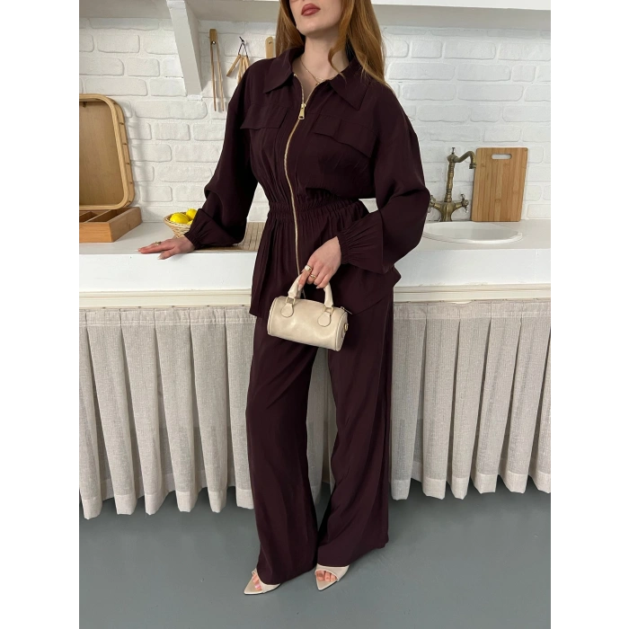Çift Fermuar Detaylı Bel Büzgülü Modal Takım Bordo