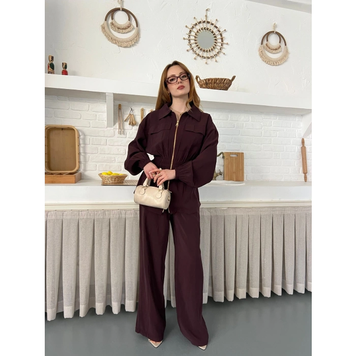 Çift Fermuar Detaylı Bel Büzgülü Modal Takım Bordo