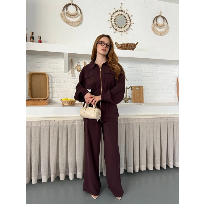 Çift Fermuar Detaylı Bel Büzgülü Modal Takım Bordo