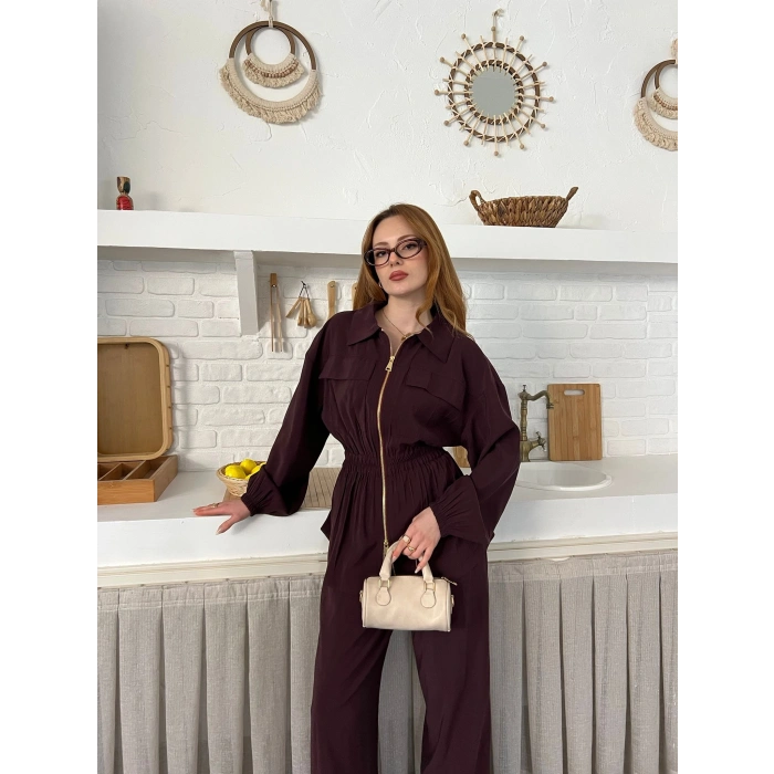 Çift Fermuar Detaylı Bel Büzgülü Modal Takım Bordo