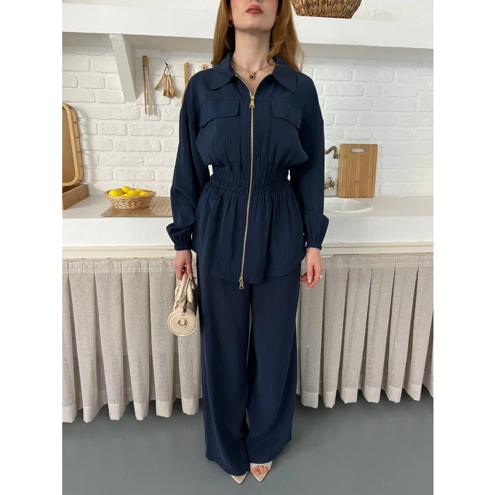 Çift Fermuar Detaylı Bel Büzgülü Modal Takım Lacivert