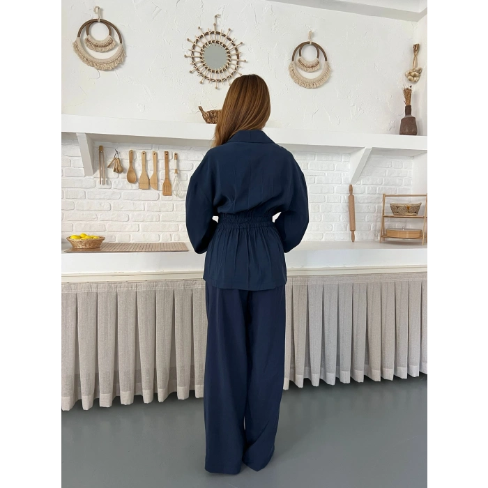Çift Fermuar Detaylı Bel Büzgülü Modal Takım Lacivert