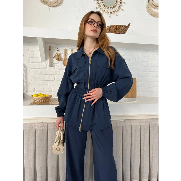 Çift Fermuar Detaylı Bel Büzgülü Modal Takım Lacivert